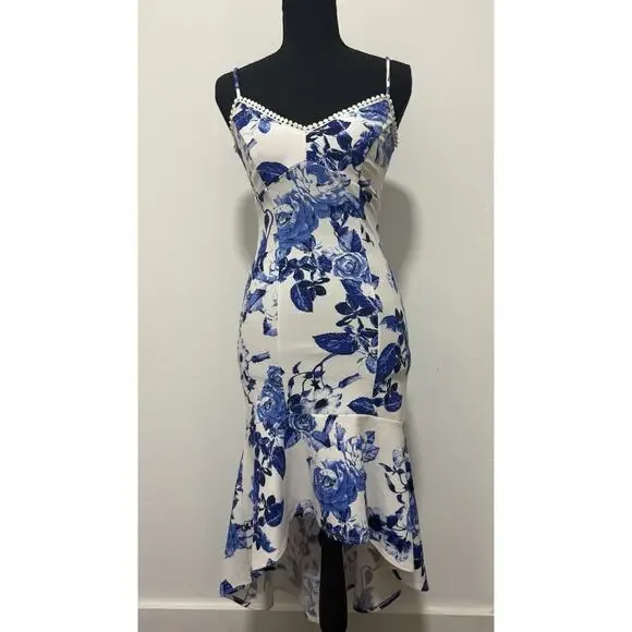 Jump Apparel Blue White Floral Midi Dress Women’s XS Spaghetti Strap Mermaid Hem - Picture 1 of 6